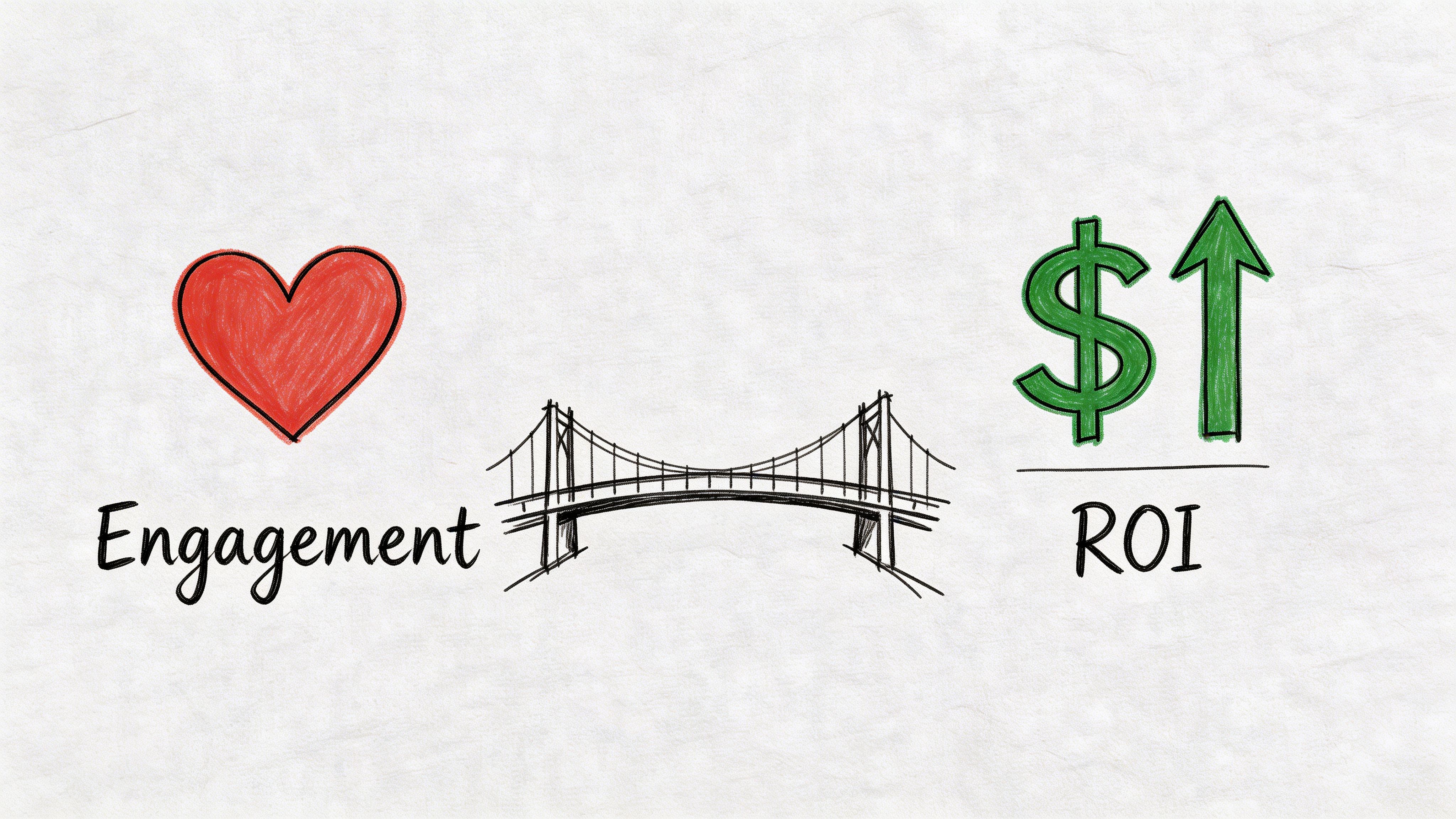 A conceptual illustration showing a heart connecting to a dollar sign and arrow representing ROI via a bridge.