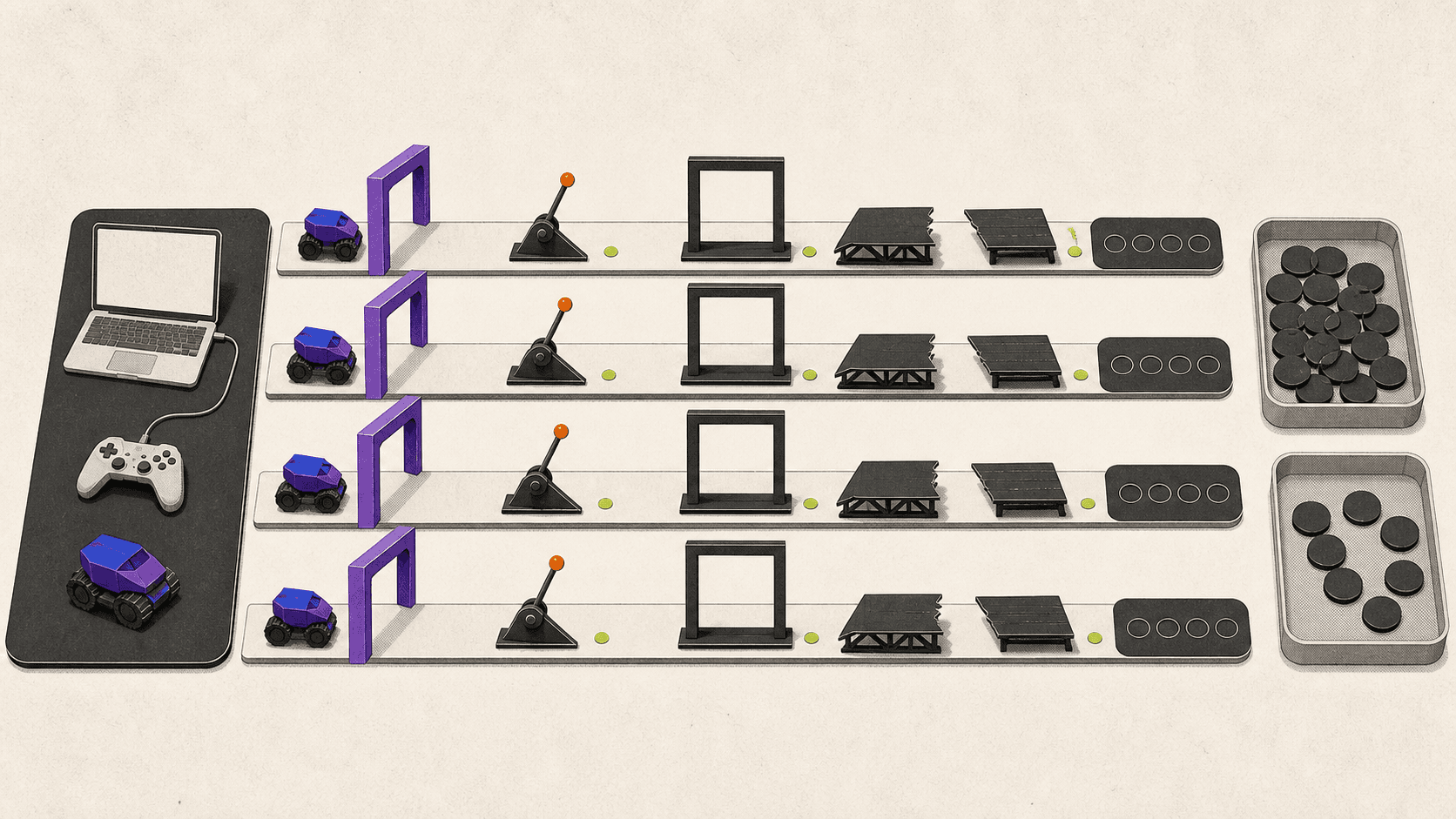 Four equal testing lanes repeat identical startup, responsiveness, visual consistency, and reconnection checkpoints with empty observation markers awaiting results.
