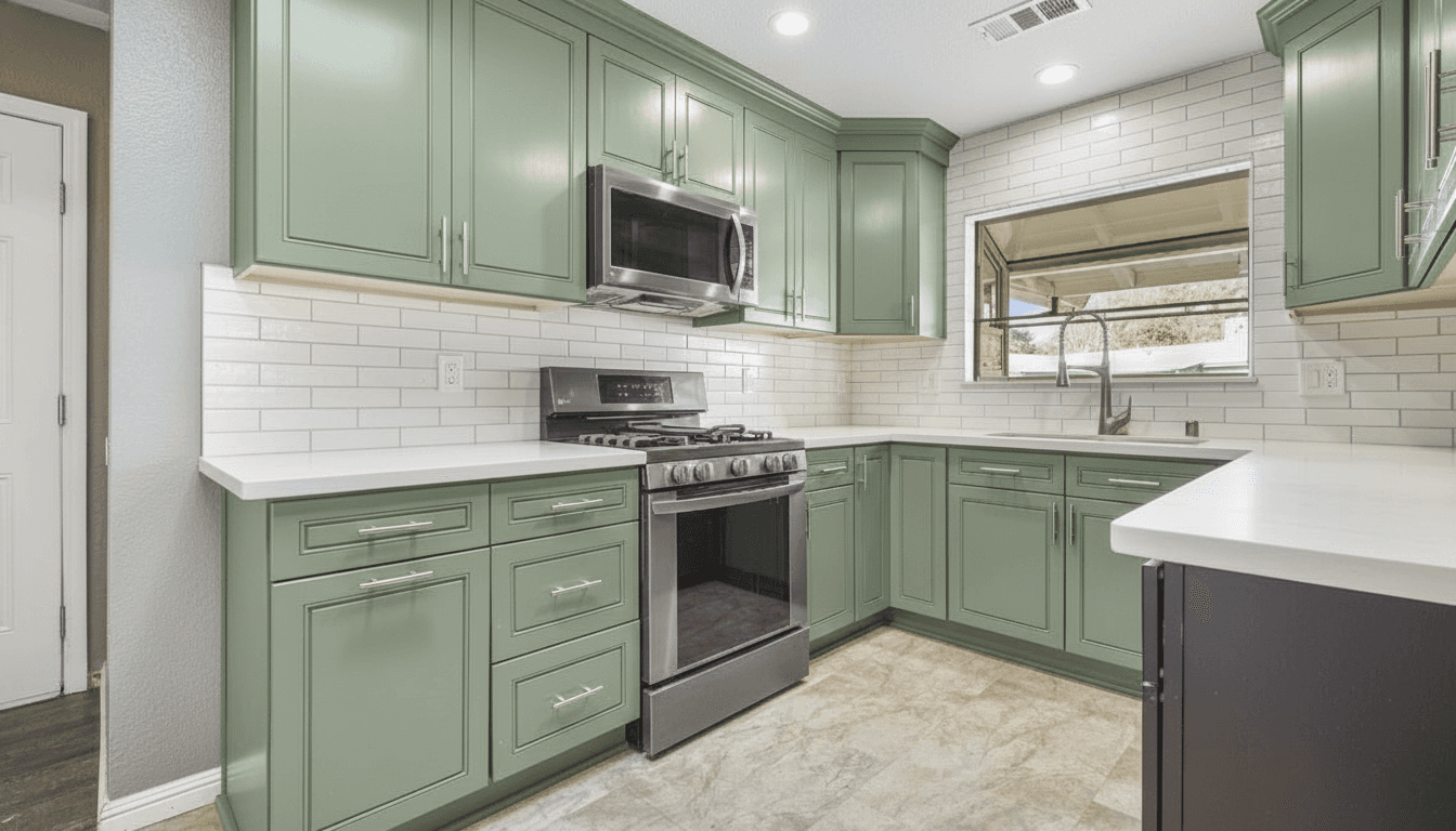 Same kitchen with sage green painted cabinets