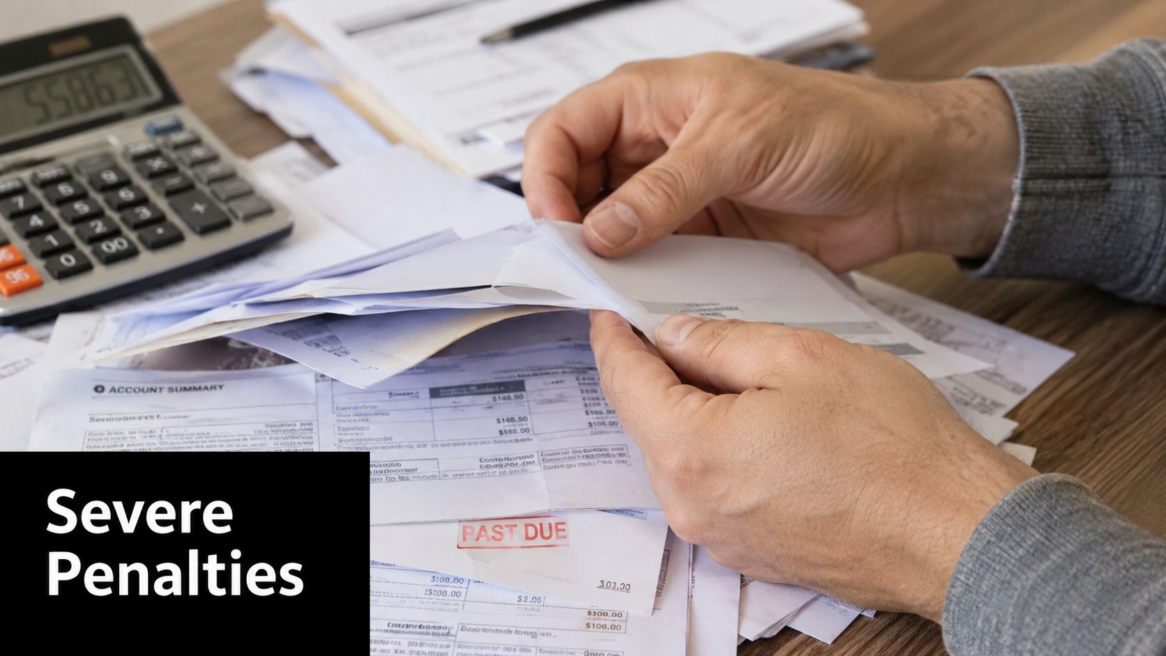 A person reviewing past due bills and financial paperwork next to a calculator on a desk.