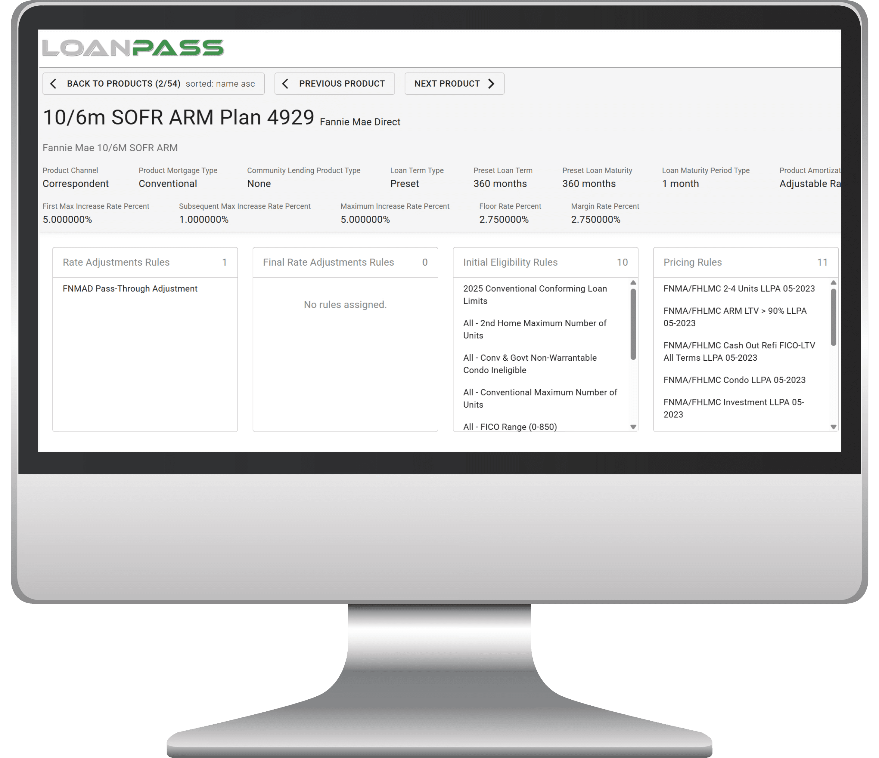 Computer screen, displaying the Products editor in LoanPASS.d