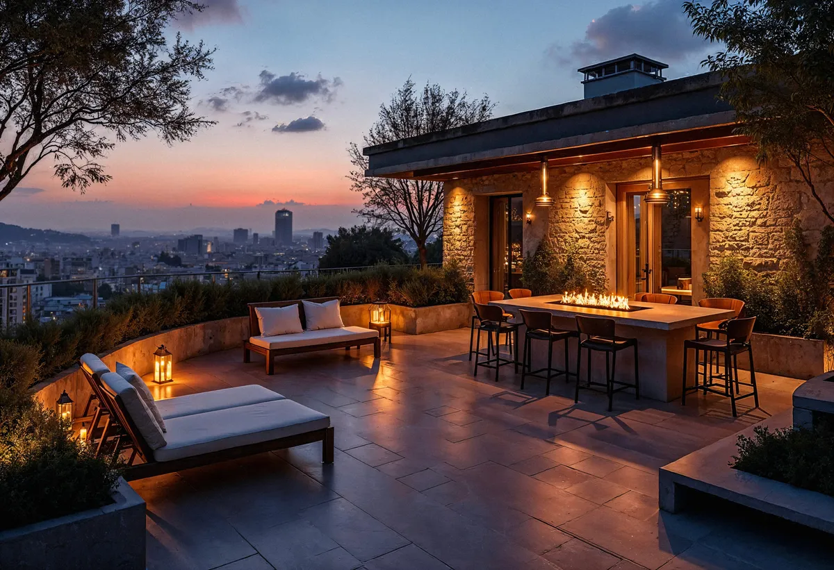Terrace of a coastal residence at sunset overlooking the city
