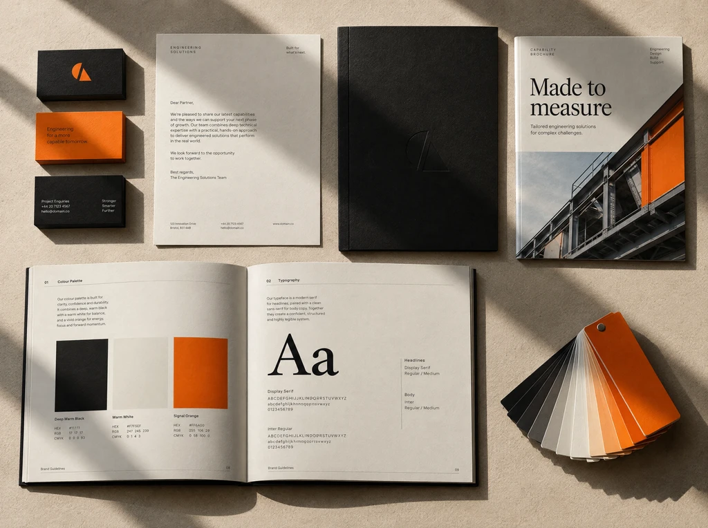 A brand identity system: business cards, letterhead, guidelines and a capability brochure