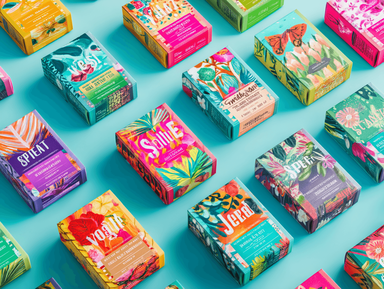 Colorful boxes of various snacks are arranged neatly on a bright turquoise background.