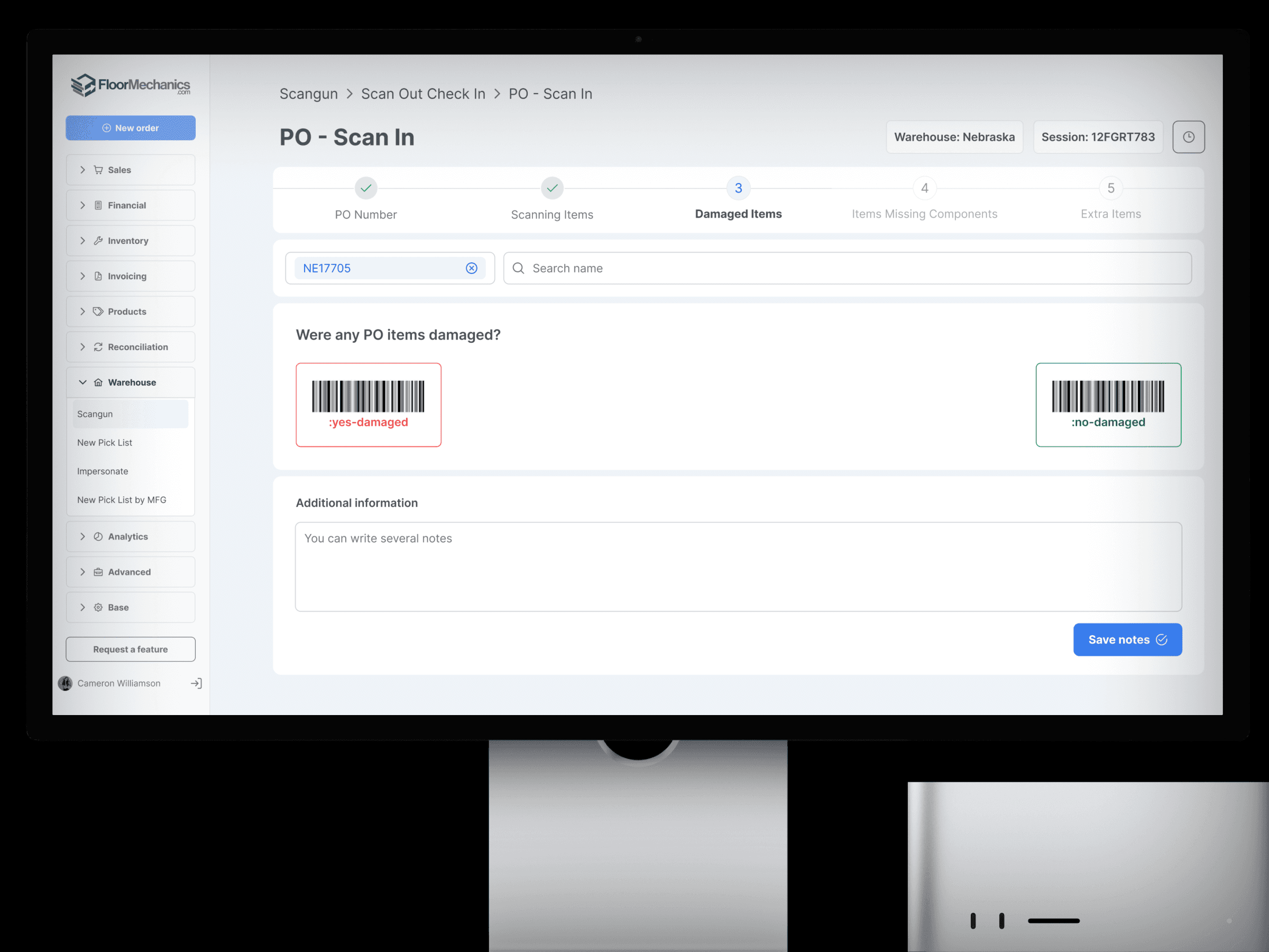 Экран компьютера с интерфейсом складского программного обеспечения для сканирования заказов на поставку. Показаны этапы сканирования, выделены поврежденные товары с возможностью добавления примечаний.