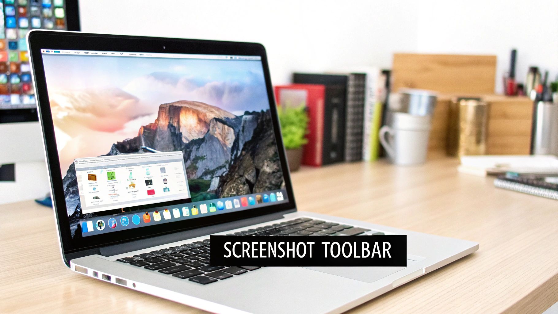 A MacBook Pro open on a wooden desk, displaying a mountain wallpaper and an app window.