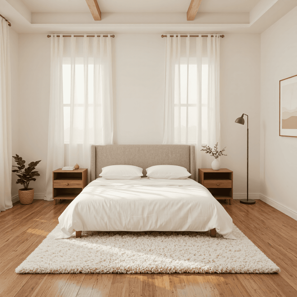 product photography of bed with a headboard and built-in nightstands