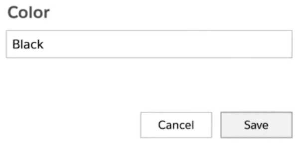 Detail of a dropdown field labeled Color, with "Black" selected. Buttons Cancel and Save.