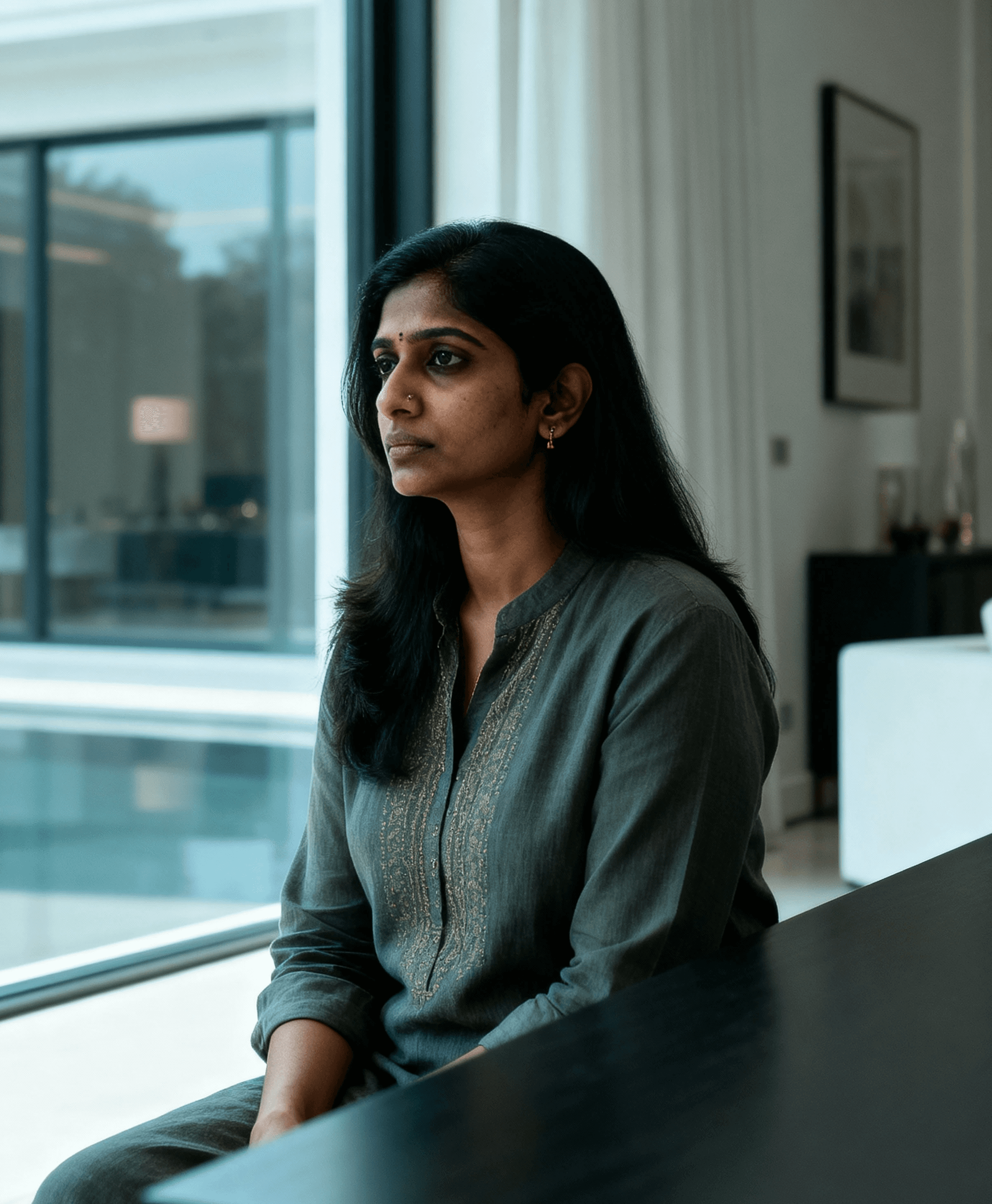 A young woman with long hair smiles while standing against a green backdrop, wearing a casual dark sweater.