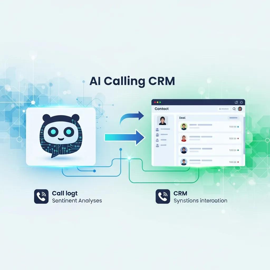 Illustration of AI calling bot integration with CRM systems showing data flow