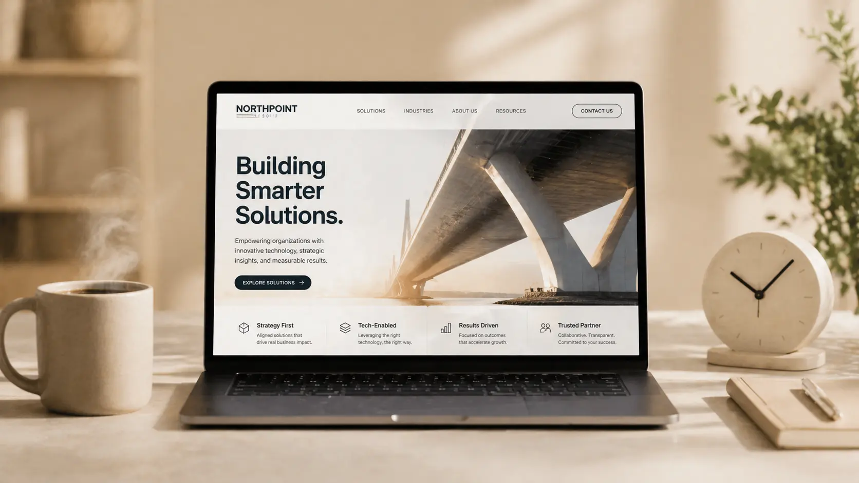 A professional laptop mockup displaying a freshly redesigned corporate website with modern aesthetics and improved user experience.