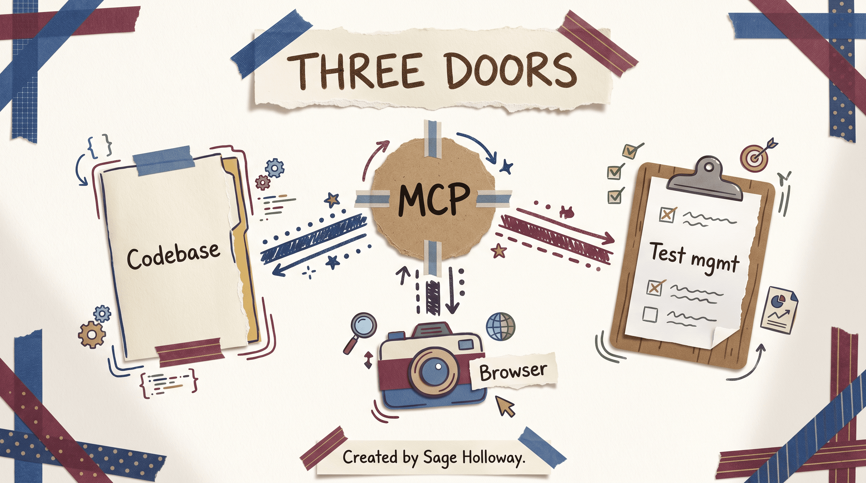 Scrapbook diagram of Claude Code MCP connecting a codebase, a browser, and test management for QA