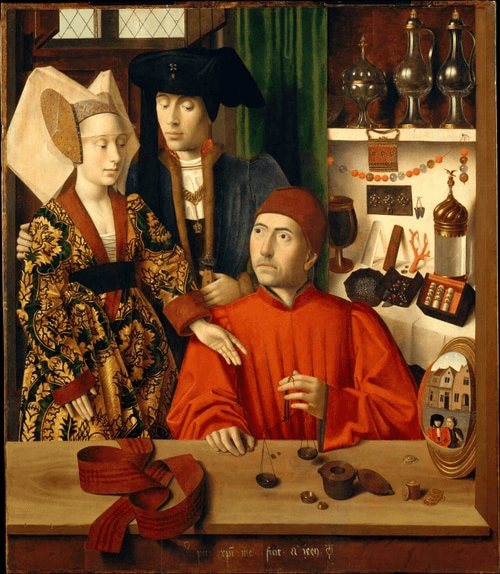 A seated man in red clothing is flanked by two elegantly dressed figures, set against a detailed background.