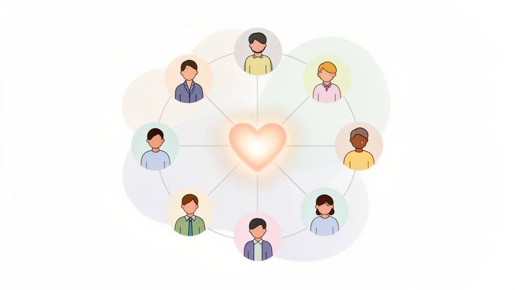 Eight diverse people connected by lines to a glowing heart at the center, symbolizing community and shared connection.