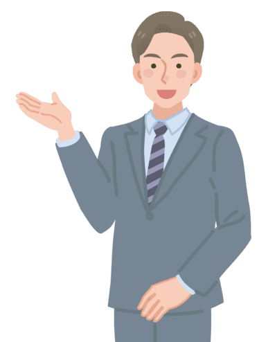 税務に関する説明をするスーツを着た男性のイラスト。