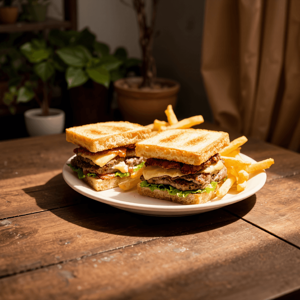 product photography of a plate of sandwiches with fries, typically served as a meal