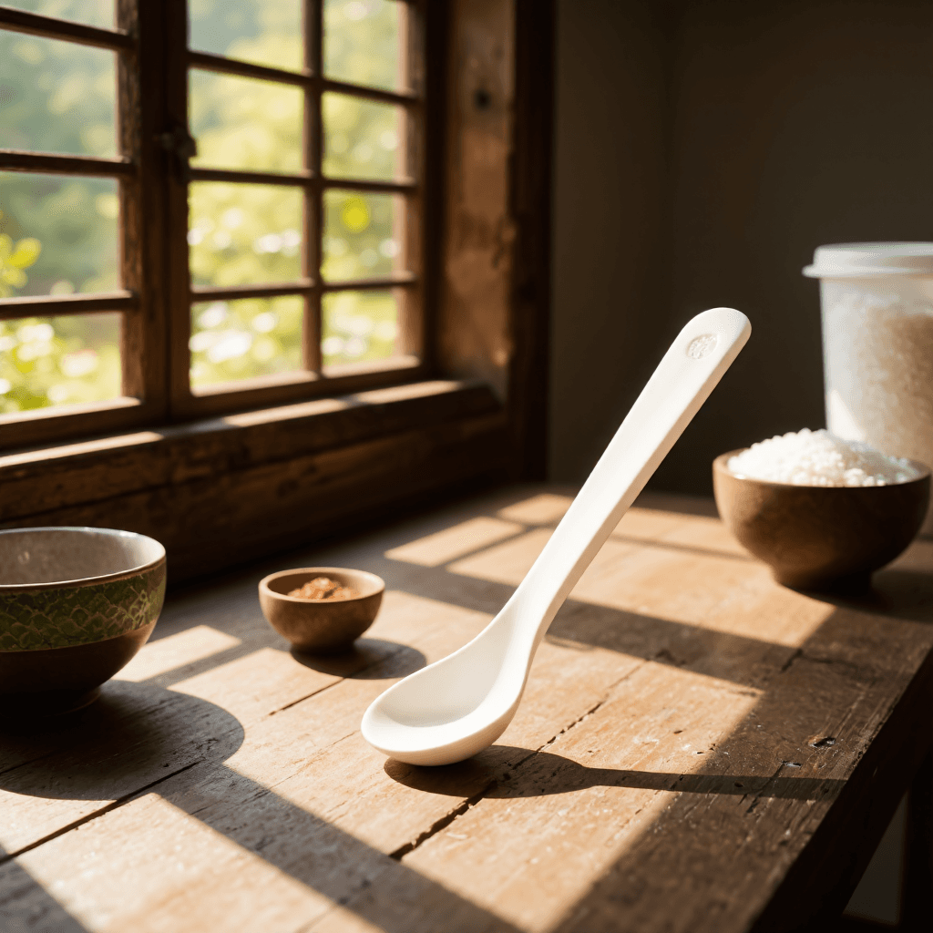 product photography of a plastic serving spoon with a textured grip