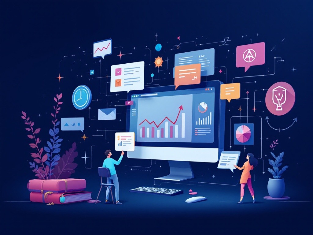 Illustration of data analysis and business intelligence, showing a large computer screen displaying graphs and charts, with two people interacting with the data.  Surrounding the screen are various icons representing communication, collaboration, and data points.