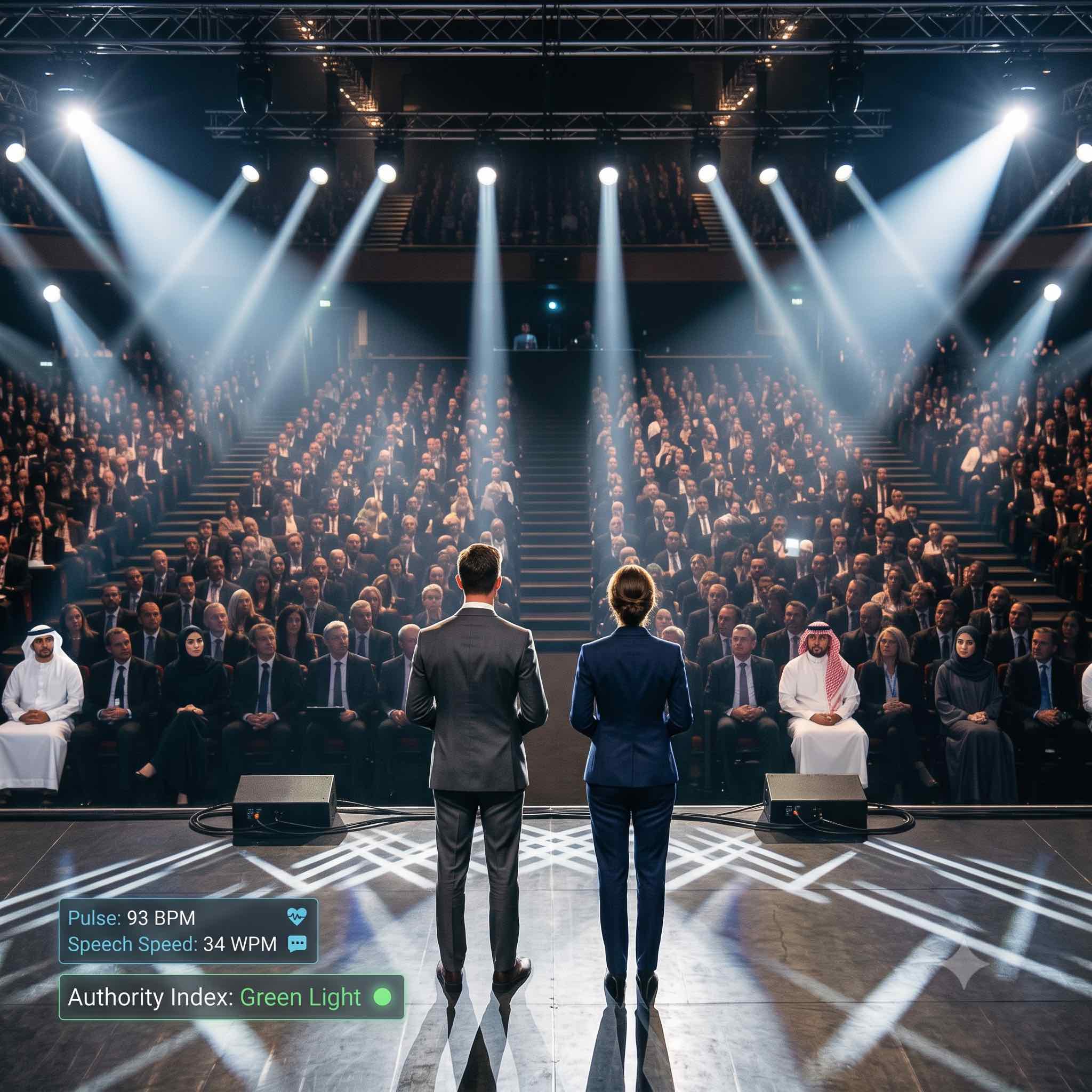 Two executives addressing a packed auditorium from centre stage under dramatic spotlighting