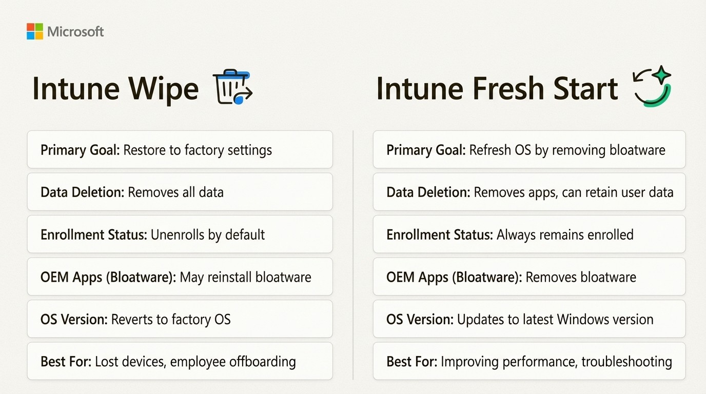 An infographic comparing the features and best use cases for an Intune Wipe vs Fresh Start, covering data deletion, enrollment status, and handling of bloatware.