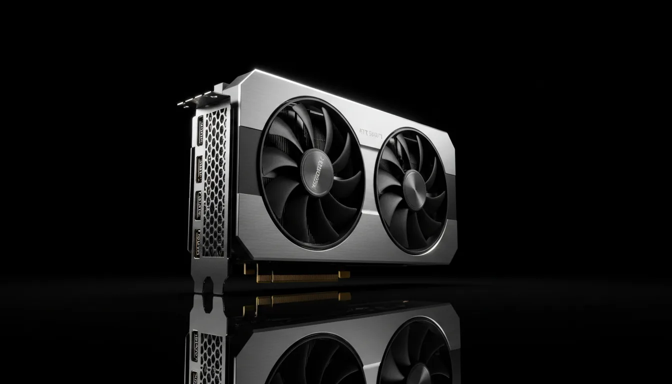 DSLR product photography of an NVIDIA RTX 3090 Ti Founders Edition graphics card, low-angle shot. The GPU rests on a glossy, highly reflective black surface against a solid black studio background. Soft studio lighting creates cinematic contrast, with clean highlights on the brushed silver metal frame and the matte black shroud. The entire product is in sharp focus, with a clear mirror-like reflection visible on the surface below.