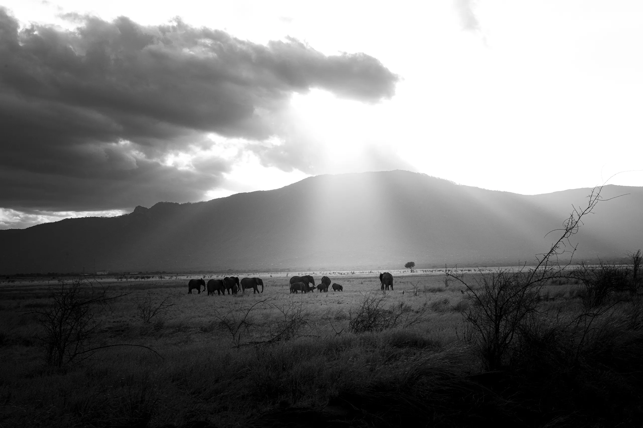 A breathtaking landscape showing dramatic sunbeams piercing through clouds over a mountain range.