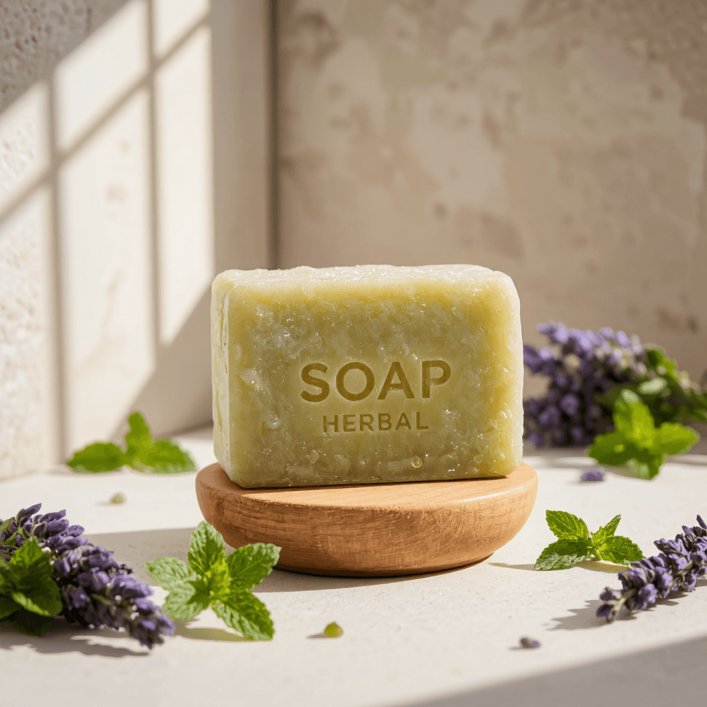 product photography of a bar of herbal soap, used for cleansing and skincare, with a round and rectangular shape