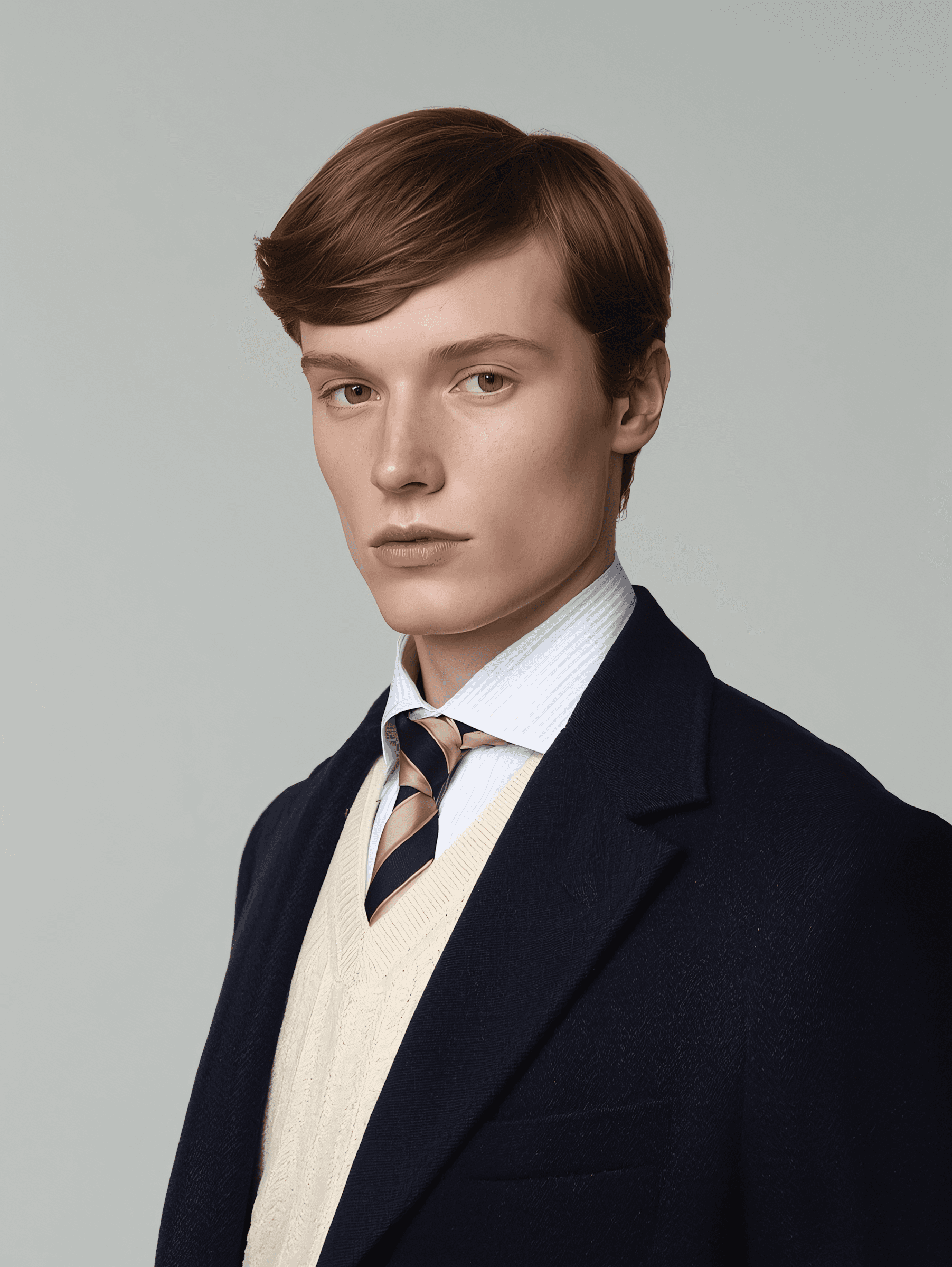 Young man in formal attire with a navy blazer, cream sweater vest, and striped tie, posing against a light gray background.
