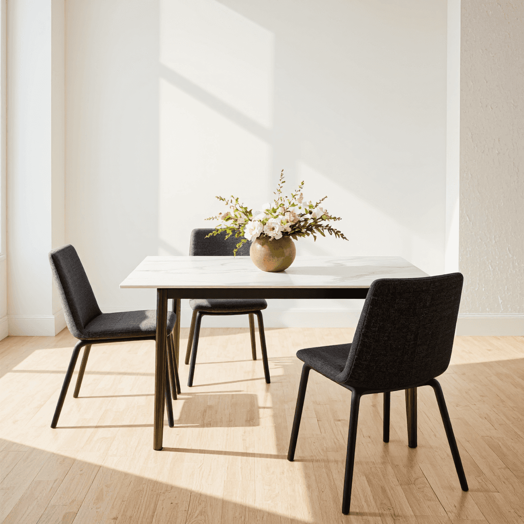 product photography of a dining table set with four chairs