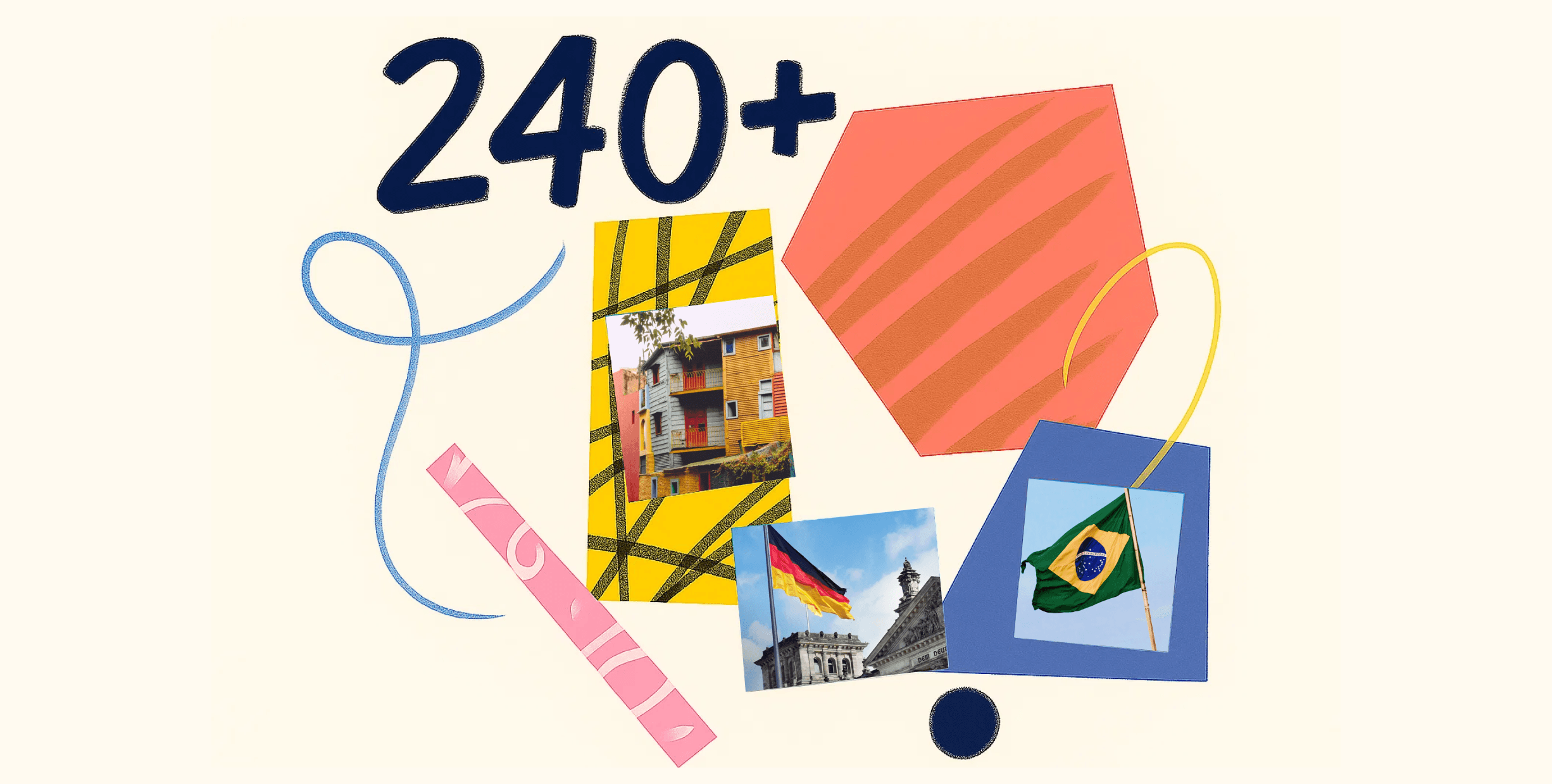 Collage with "240+" text, abstract shapes, a building, German and Brazilian flags, and a pink ribbon on a cream background.