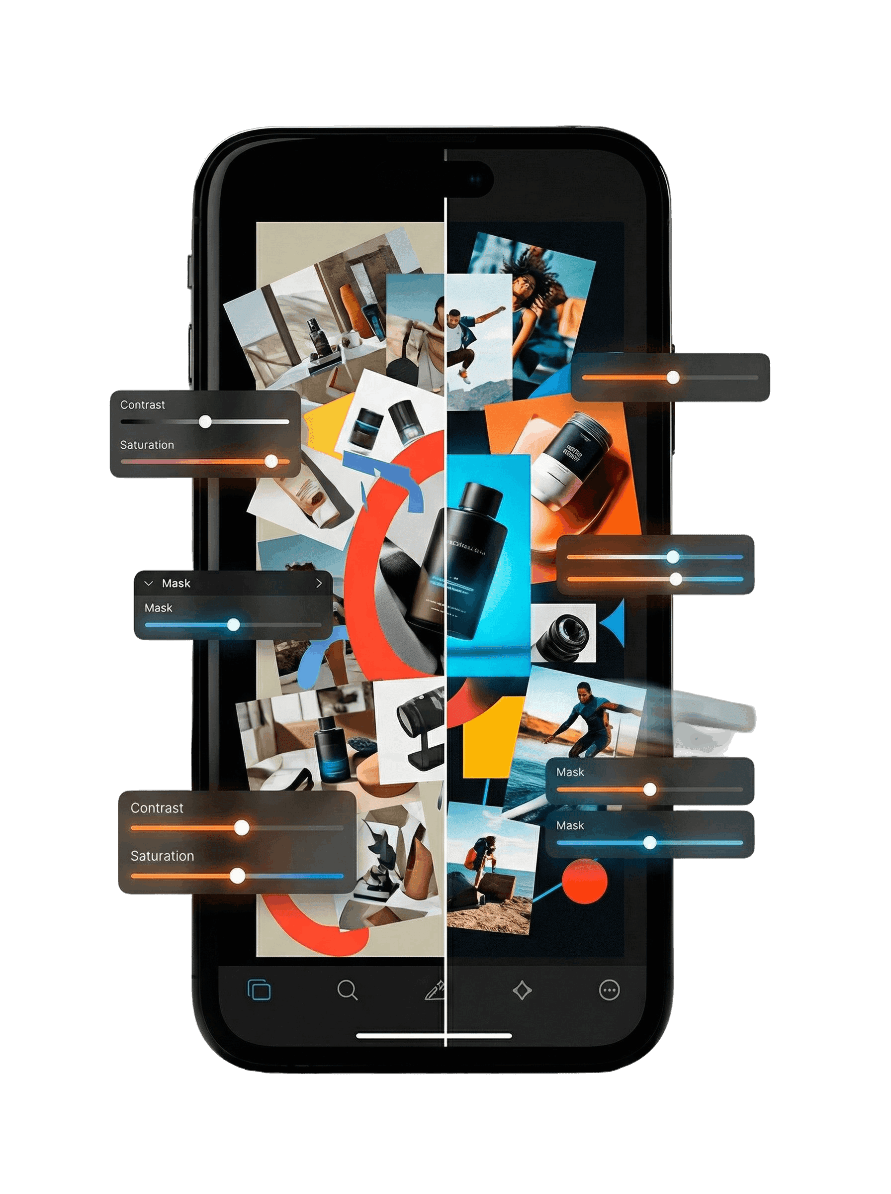 a smartphone screen divided into half shows different products