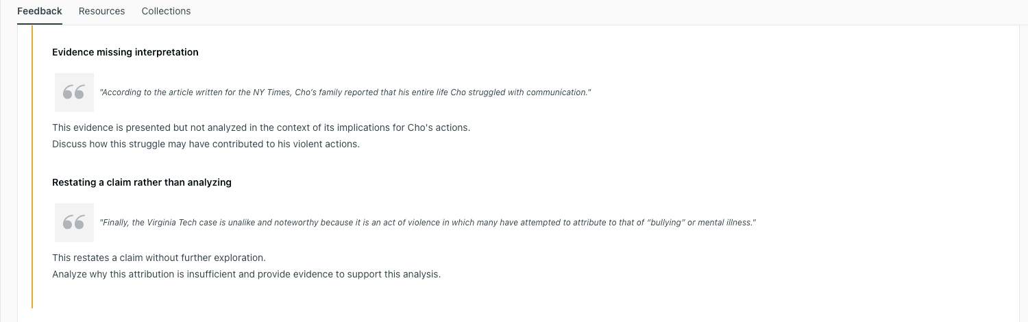thesify Feedback panel pointing out that a quoted claim lacks interpretation and needs analysis.