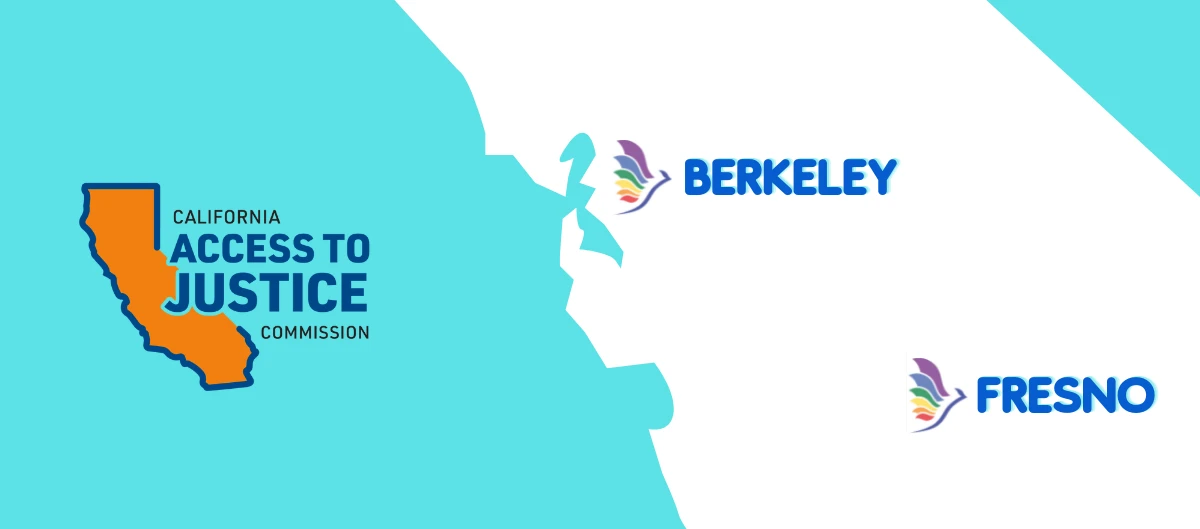 Um mapa turquesa destaca a Califórnia, com o texto "California Access to Justice Commission" ao lado de um logotipo vibrante e multicolorido, além de marcadores de texto adicionais identificando Berkeley e Fresno.