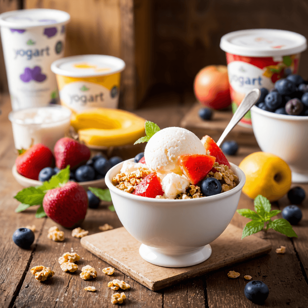 product photography of bowl of mixed fruits and granola with ice cream