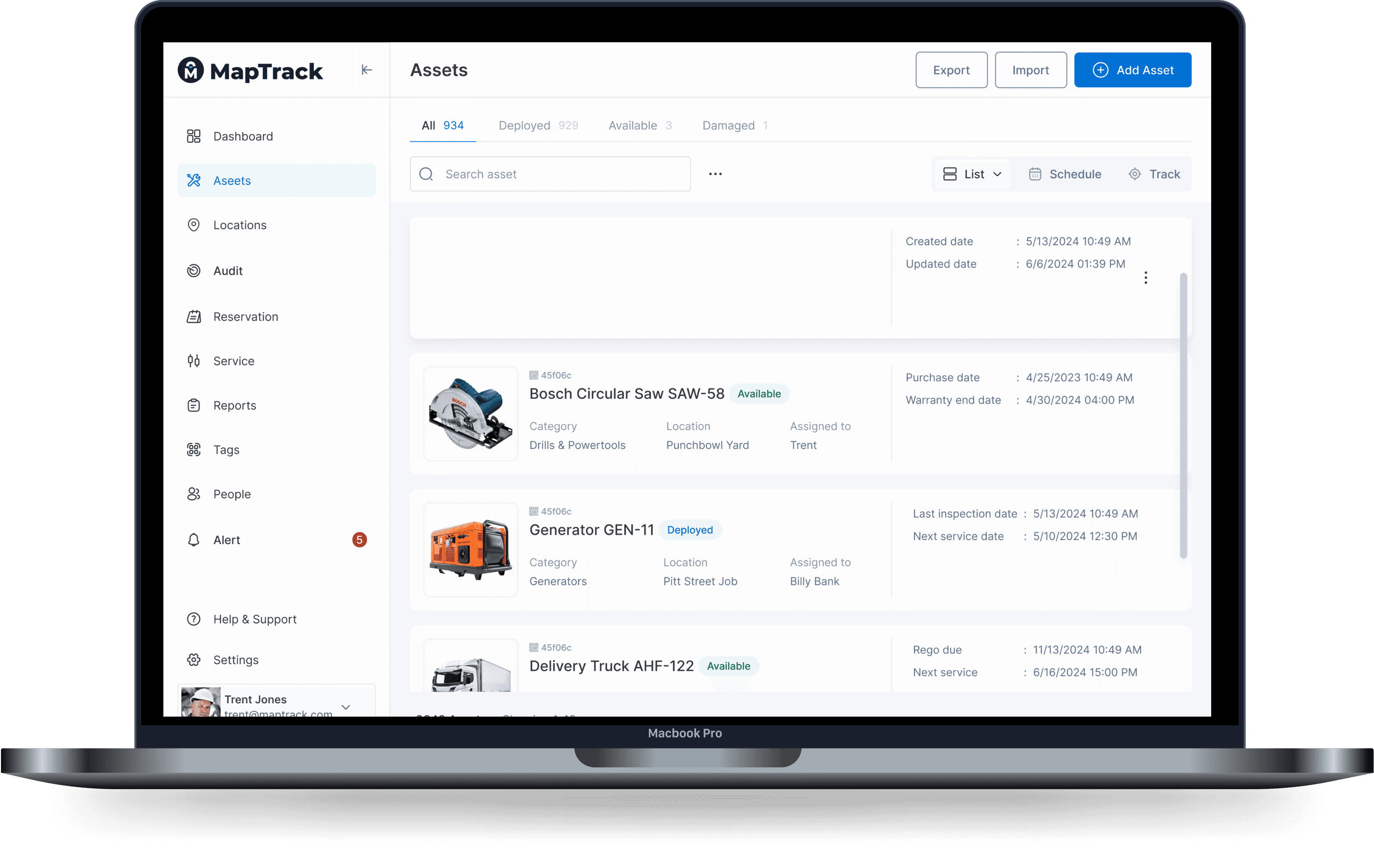 Asset list on MapTrack