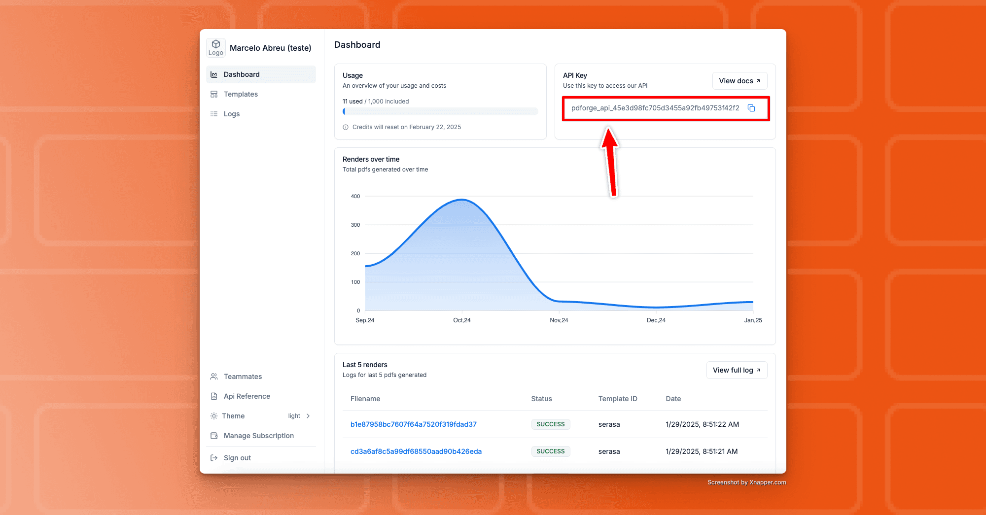 pdforge dashboard with api key location