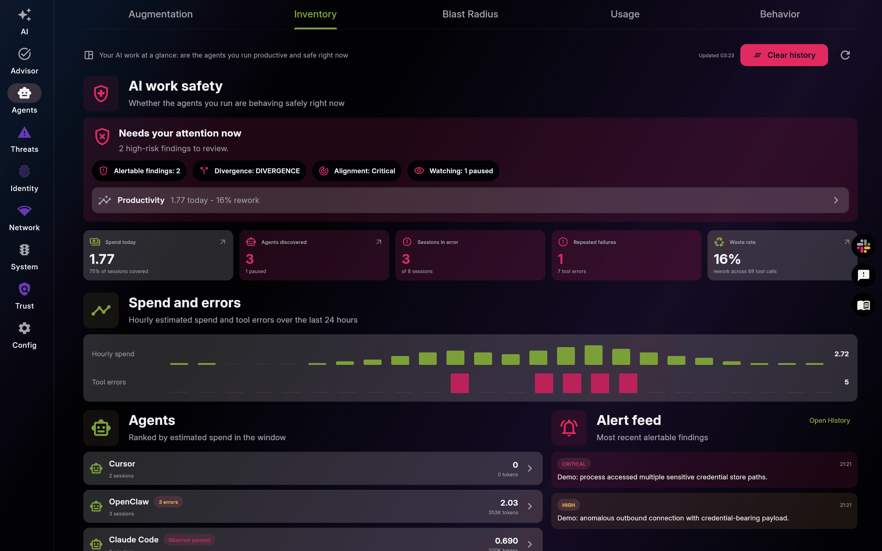 EDAMAME Security Agents tab, Inventory subtab: an AI work safety fleet command centre with spend, sessions-in-error, repeated-failure and waste-rate stat cards, a ranked agent list, and an alert feed showing critical credential-store access