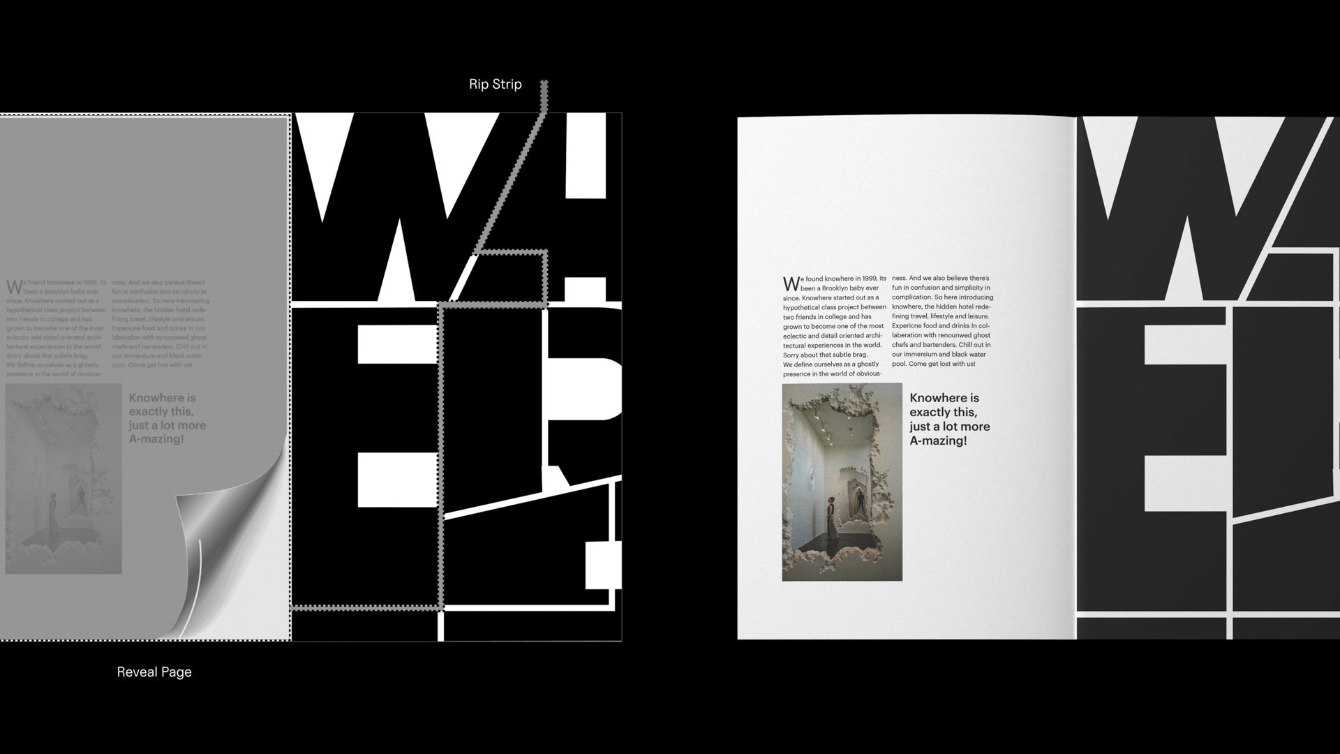 black and white examples of typography and articles for a business called Hotel Knowhere