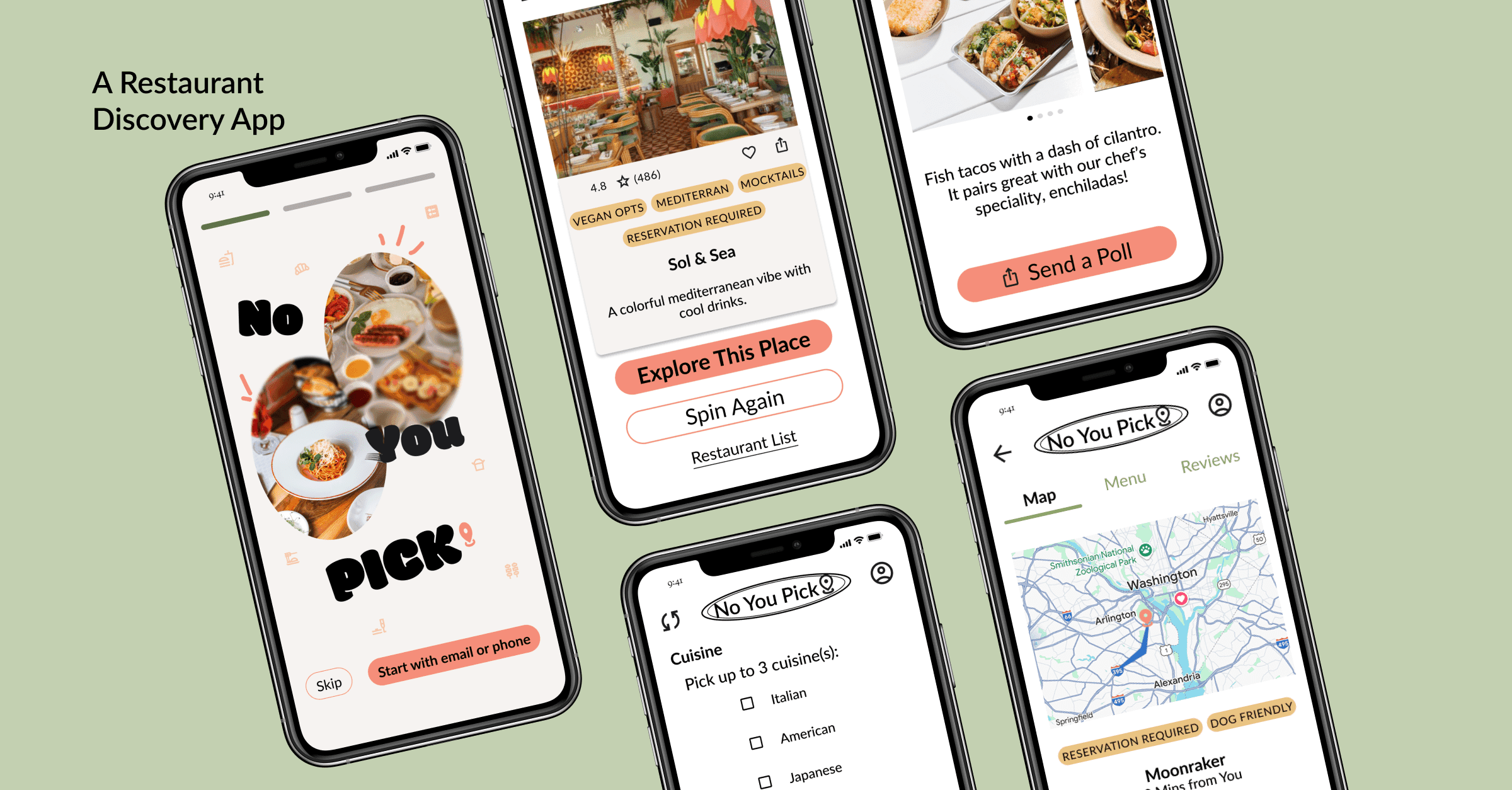Five screens preview including first screen cover app interface of No You Pick logo and login, restaurant card, cuisine filters, menu and map directions screen