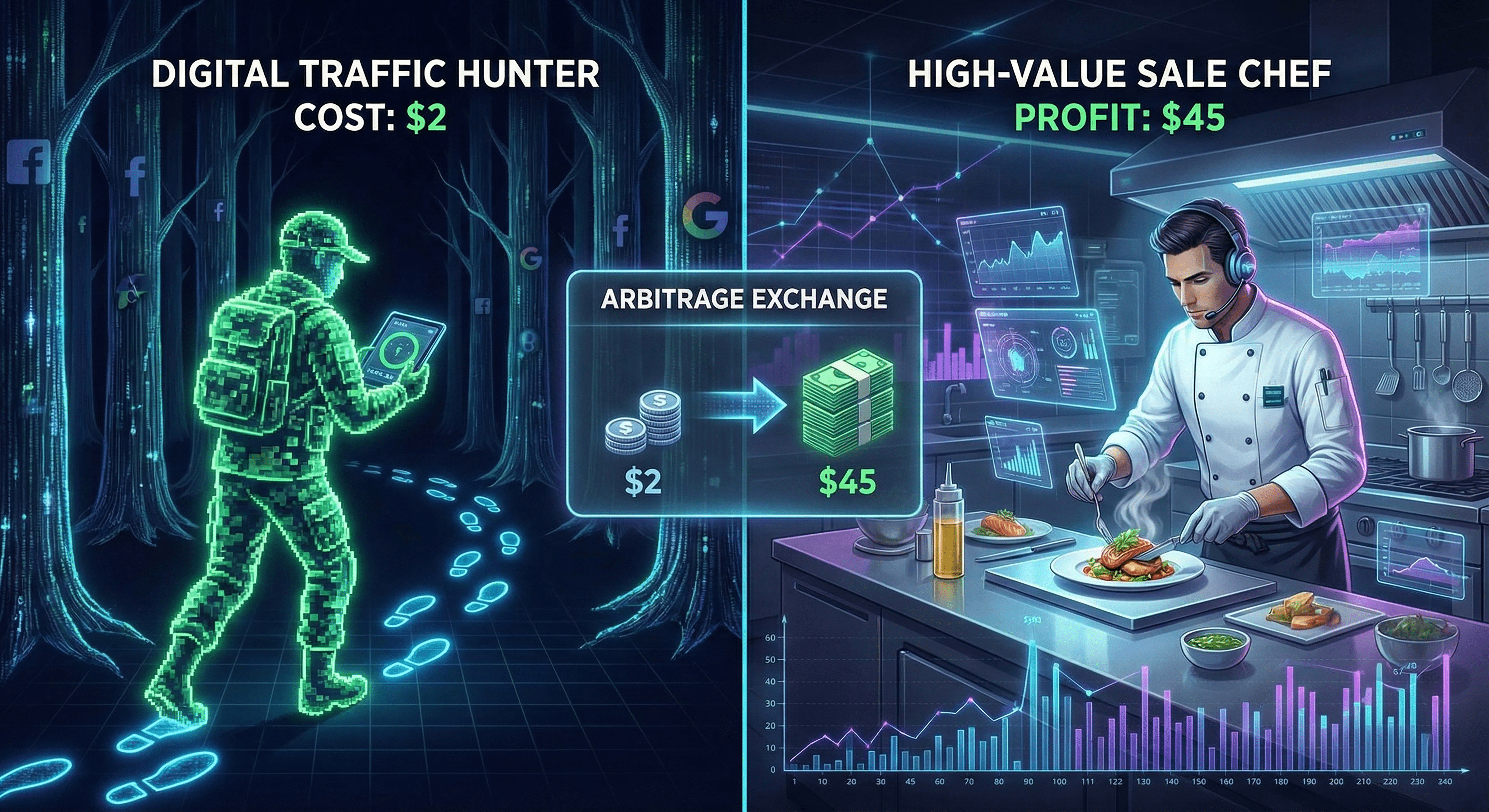 A digital illustration showing the lead arbitrage process where a hunter gathers data to sell to a chef, representing how to profit from lead generation.