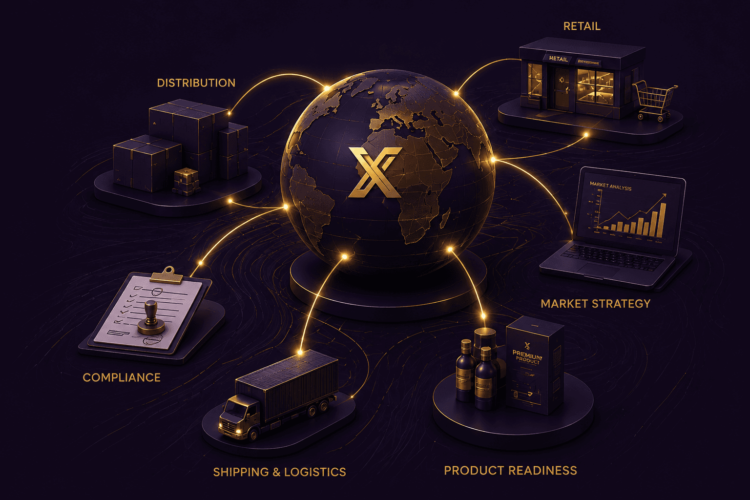 Global market expansion ecosystem connecting compliance, logistics, distribution and retail channels
