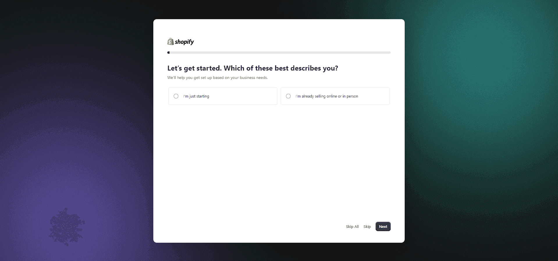 Shopify Signup Step 1