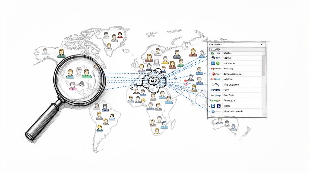 AI-powered global talent acquisition shown on a world map with a magnifying glass and interconnected people.