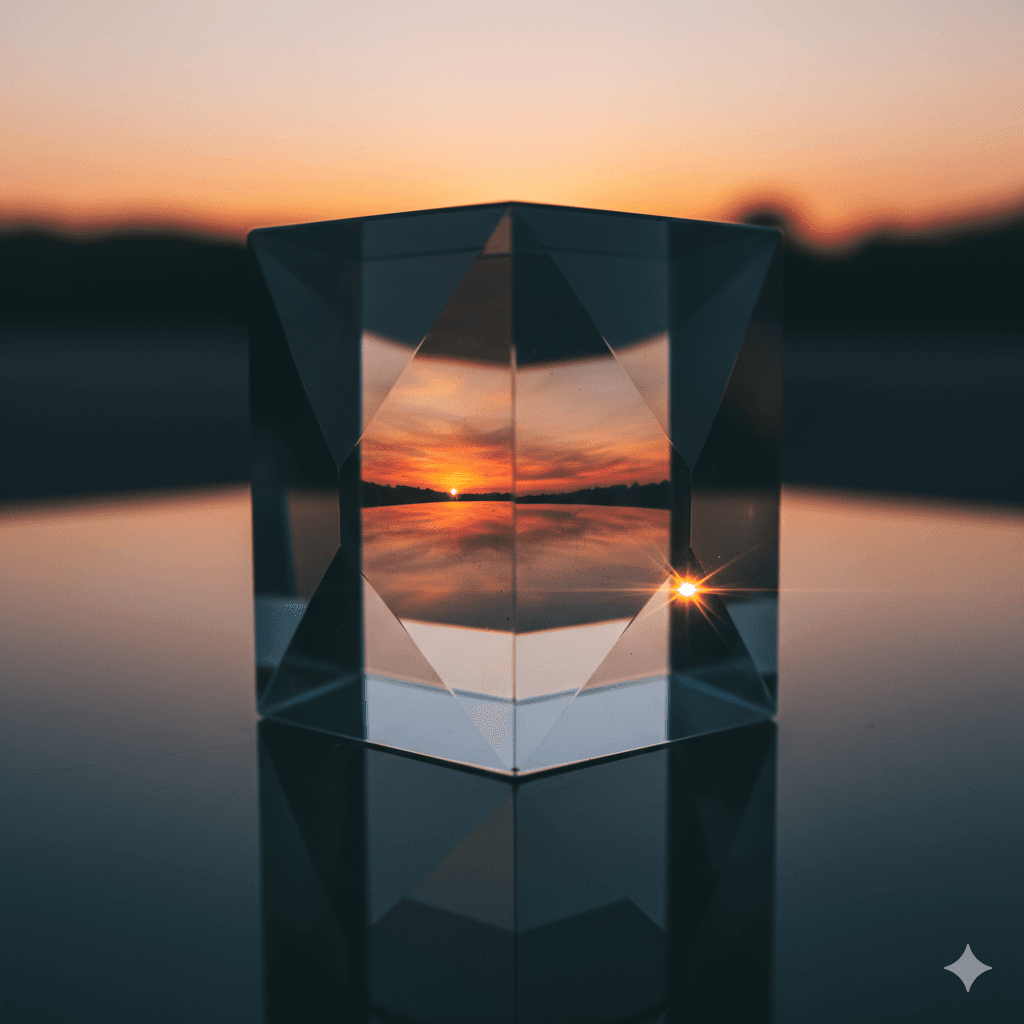 Minimalist glass prism reflecting sunset for luxury commercial storefronts in Sector 111