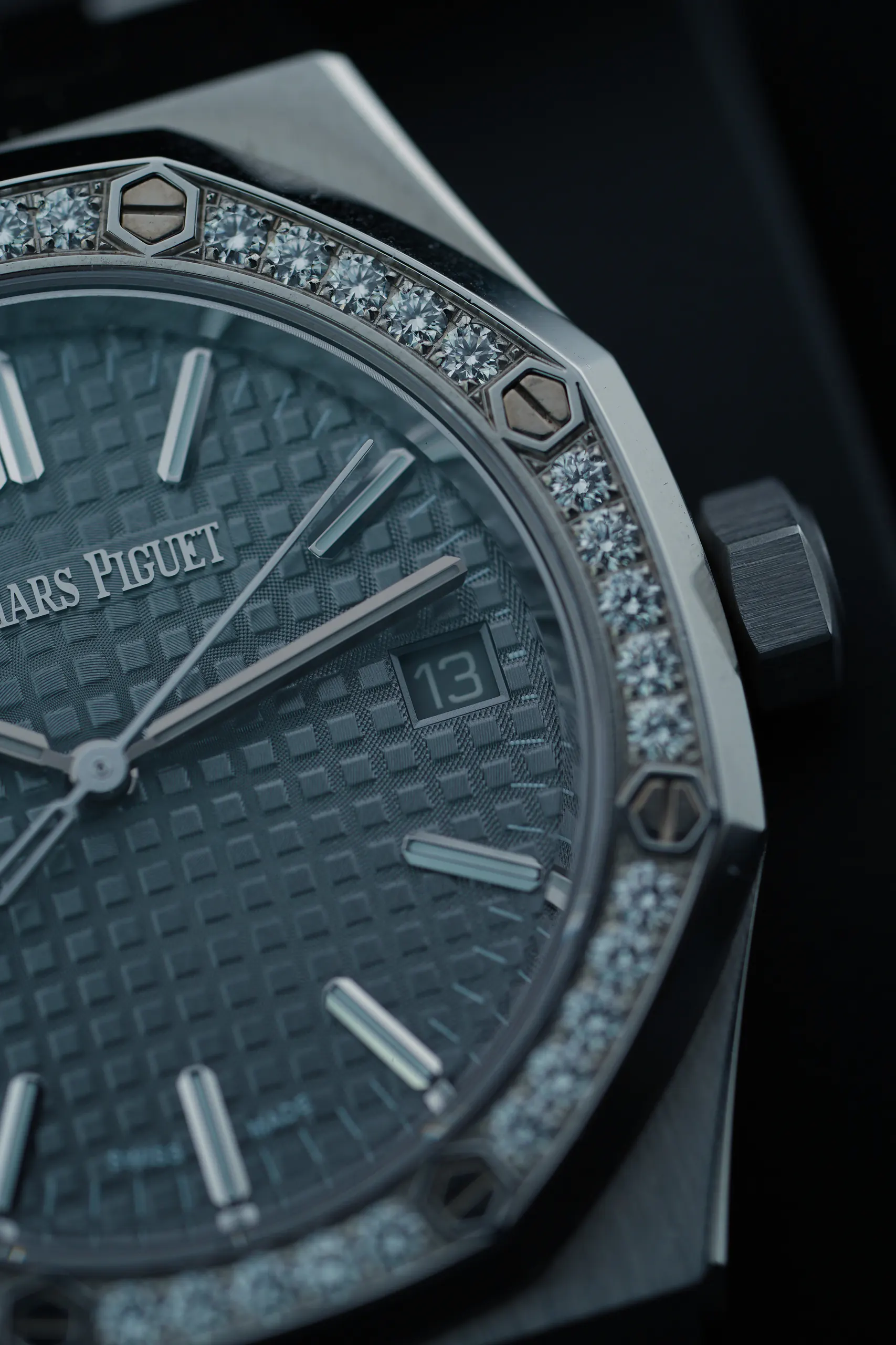 Close-up of the grey dial on the Audemars Piguet Royal Oak 37mm 50th Anniversary 15551ST