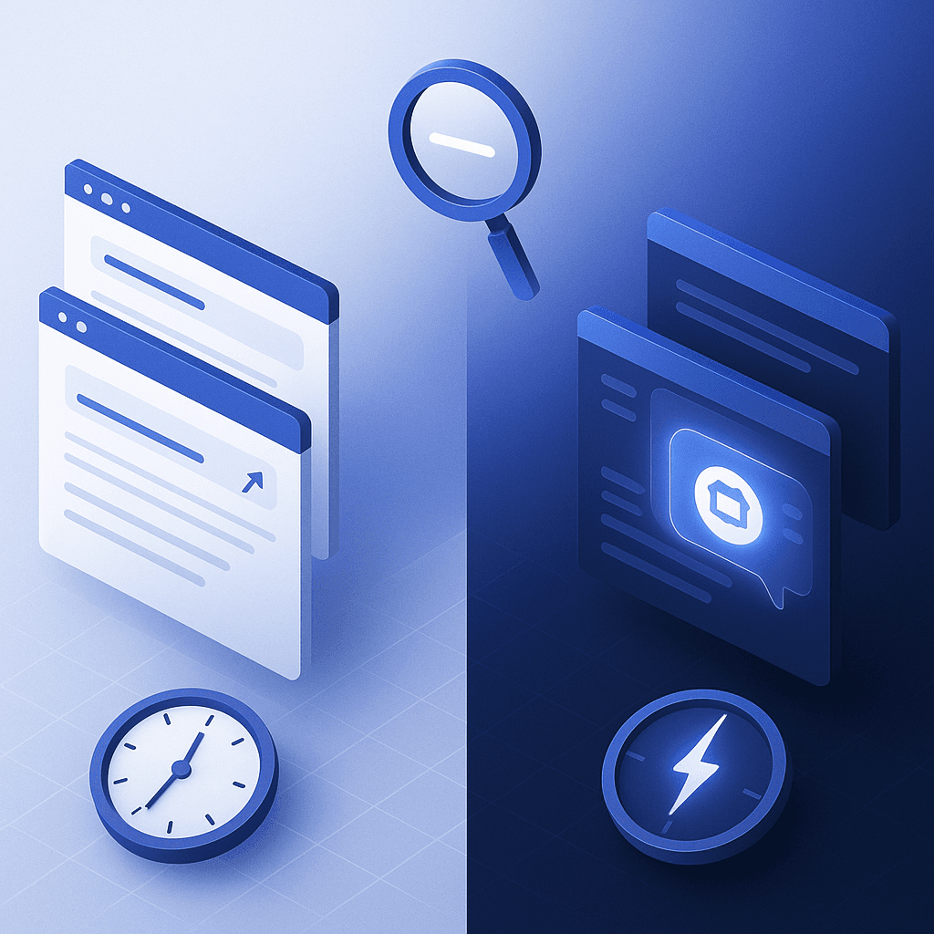 Side-by-side illustration contrasting slow SERP link path with fast AI chat citation path