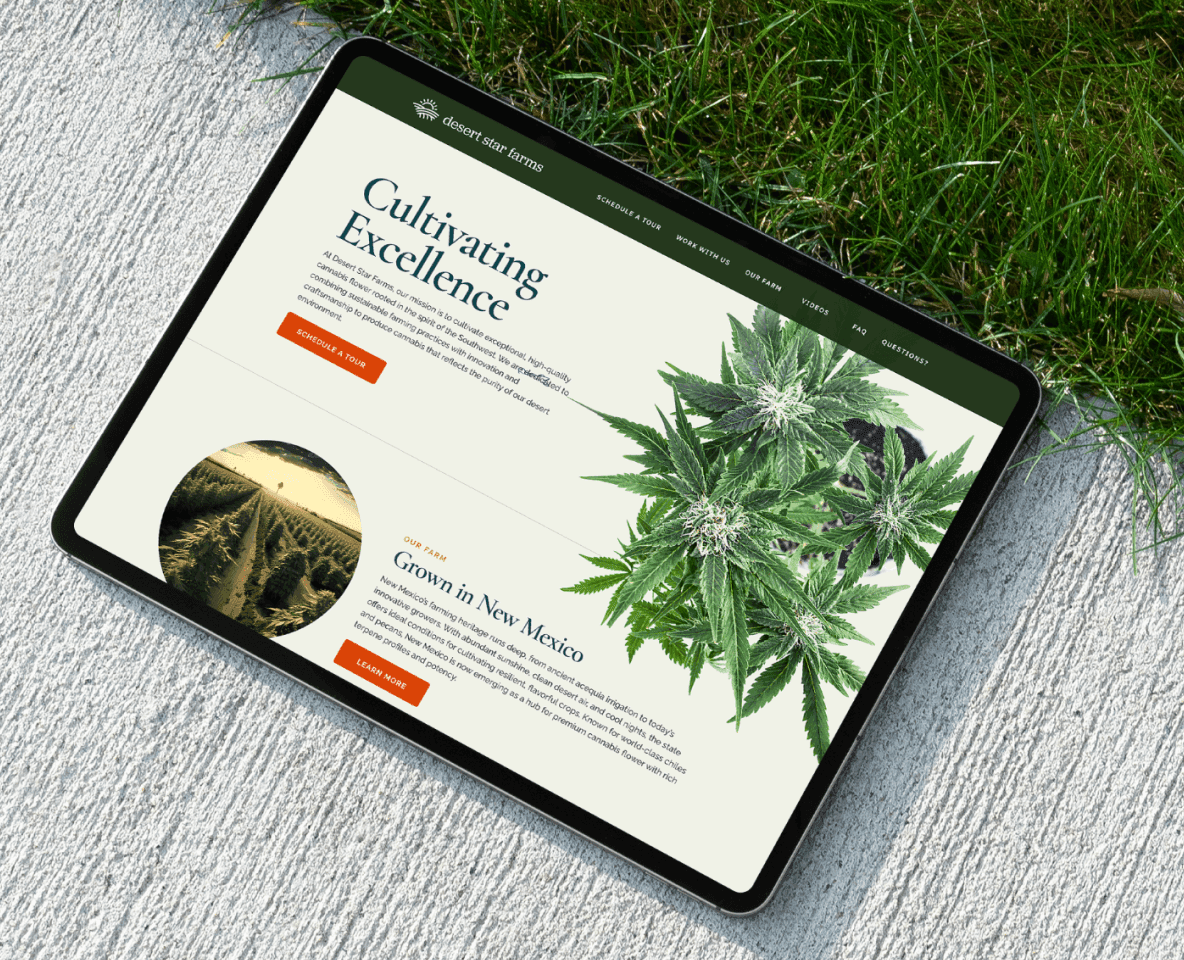 Desert Star Farm premium cannabis cultivation website design displayed on a tablet, featuring 'Cultivating Excellence' text and a high-quality photo of a cannabis plant.