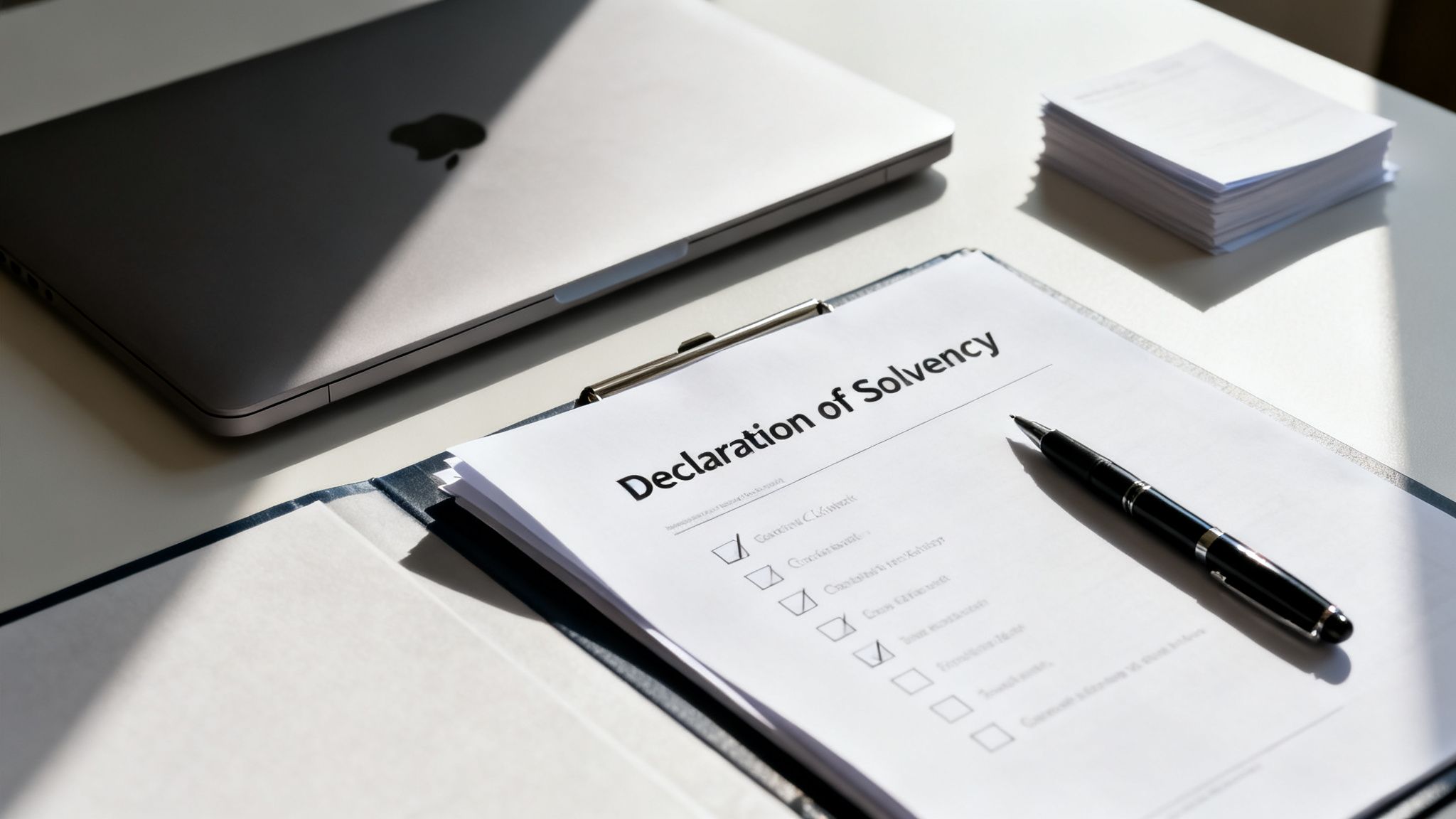 A 'Declaration of Solvency' document, a pen, and a laptop on a desk, suggesting legal processes.