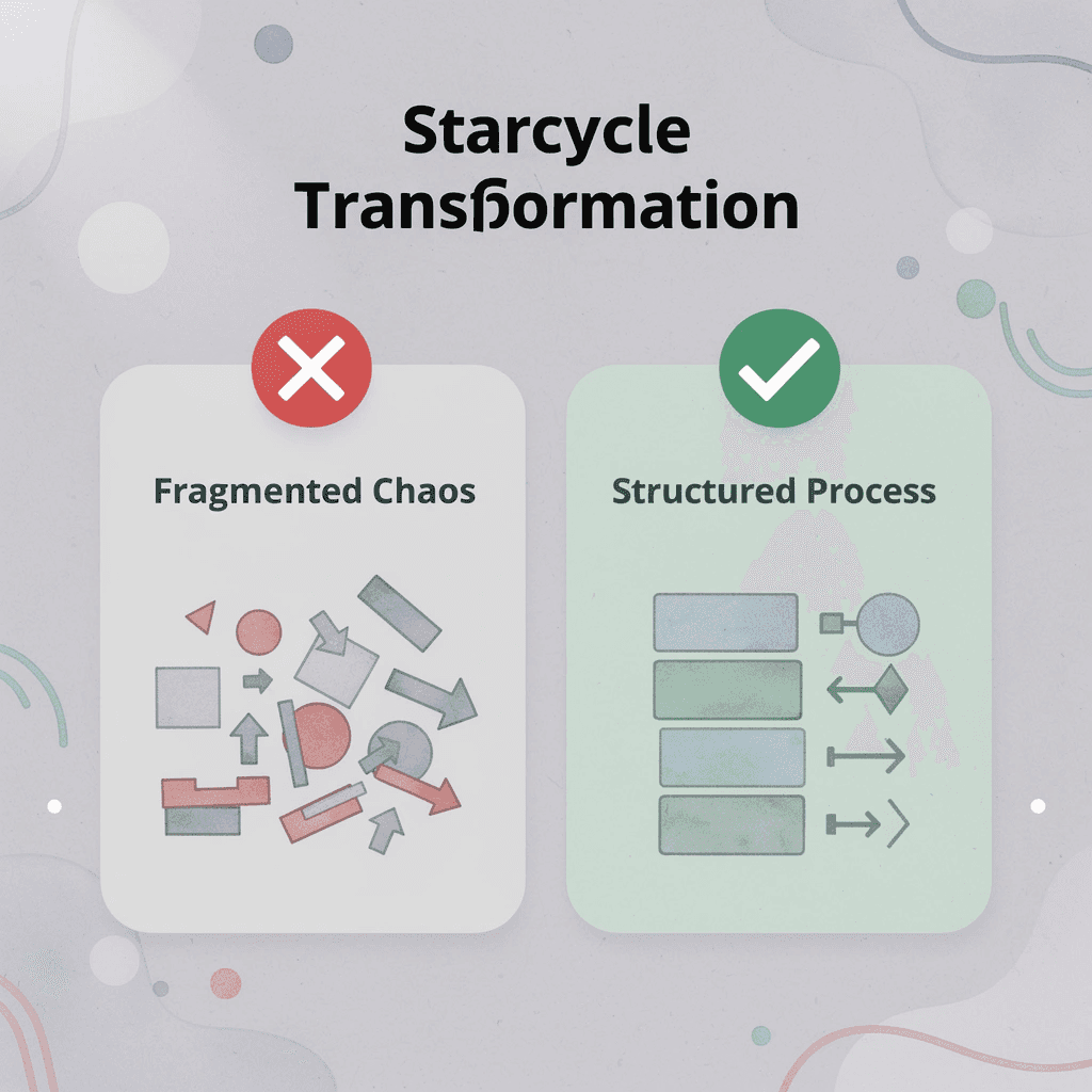 Before and after comparison showing transformation from chaos to structure