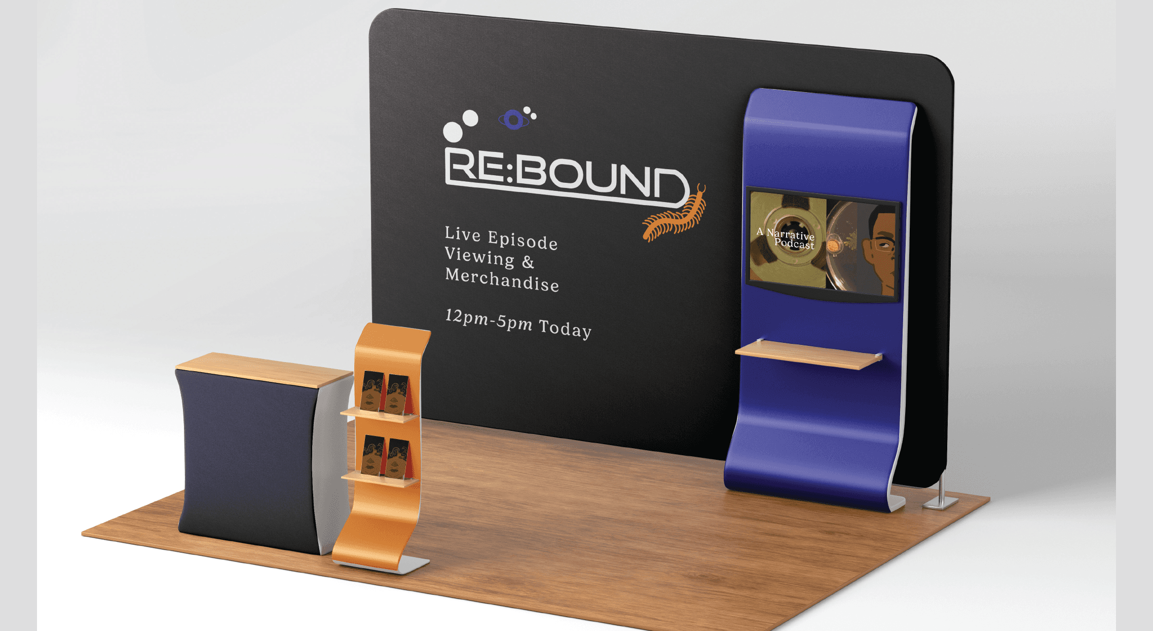 Mockup of an experiential pop up booth with a tv screen, backdrop and product stand